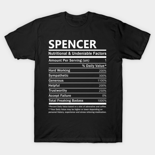 Spencer Name T Shirt - Spencer Nutritional and Undeniable Name Factors Gift Item Tee T-Shirt by nikitak4um